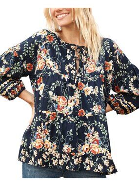 NWT Bila Womens Woven Split Neck Three-Quarter Sleeve Top WY815 Navy Blue L